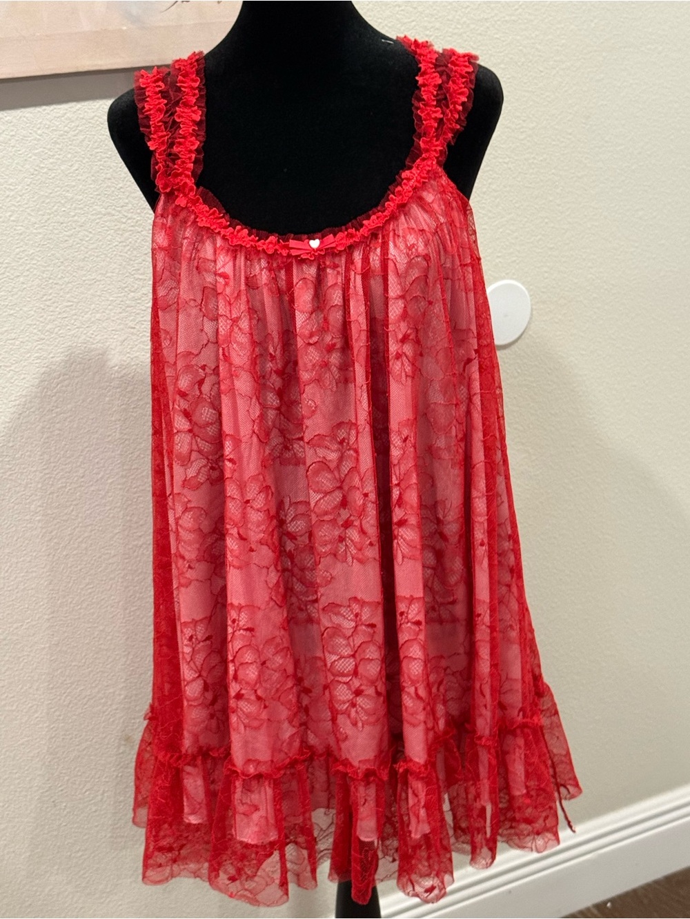 Free People Intimately Red Sheer Lace Ruffled Babydoll Slip Dress